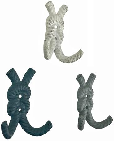 Zeckos Set of 3 Rope Knot Wall Hooks, 4 Inch Green Blue White Cast Iron - Image 2