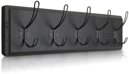 HBCY Creations Black Rustic Coat Rack Wall Mount with 5 Hooks, Solid Pine Wood 24 inch Wall Hooks for Entryway, Mudroom, Hallway, Bathroom - Vintage Farmhouse Style Wall Mounted Towel Rack by HBCYCreations