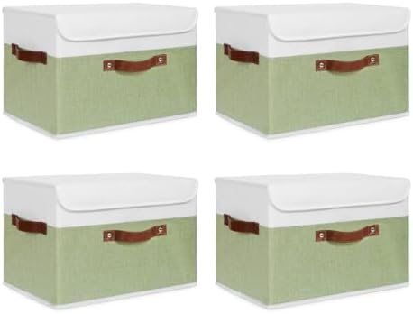 ANMINY Fabric Storage Box Bins with Lids, Green White, 15"x10"x10", 4 Pack by ANMINY