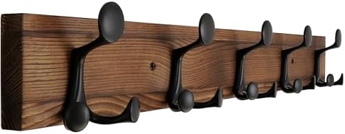 WEBI Coat Rack Wall Mount,30" Solid Wood Coat Hooks Wall Mounted Coat Hanger,16" Hole to Hole,Heavy Duty Hook Rack,5 Triple Hooks for Hanging Coats,Jacket,Hat,Backpack,Farmhouse,Brown by WEBI