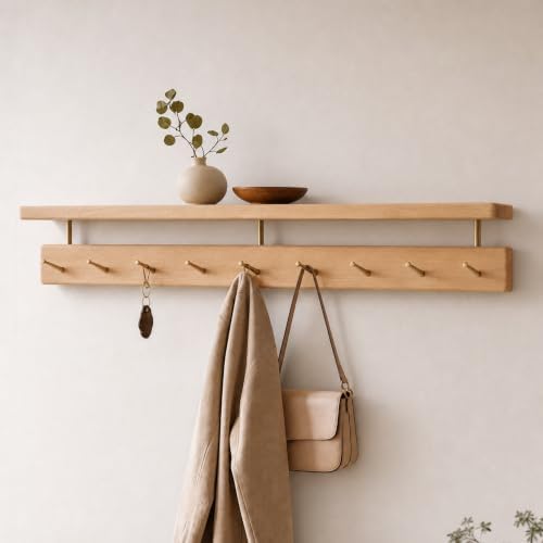 Solid Wood Wall Hooks with Shelf, Coat Rack Wall Mount, Entryway Hanging Shelf with 9 Brass Hooks for Hats, Clothes, Towels, Bags, Beech Wood, Natural by Wayshome