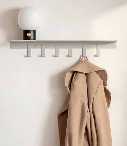 Kazai. Coat Rack Wall Mount with Shelf 'Holmsen' | Coat Rack with Shelf for Storage and Display | Wall Hooks for Hanging Clothes and Purses | Modern Entryway Hangers in Metal | Silk Gray by KAZAI
