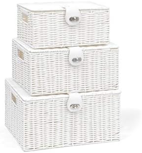 ARPAN Set of 3 Resin Woven Utility Storage Basket Box With Lid & Lock (White) by ARPAN