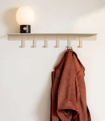 Kazai. Coat Rack Wall Mount with Shelf 'Holmsen' | Coat Rack with Shelf for Storage and Display | Wall Hooks for Hanging Clothes and Purses | Modern Entryway Hangers in Metal | Sand Taupe by KAZAI