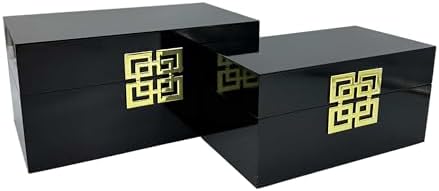 Galt International Storage Box Set Decorative Storage Box w/Hinged Lid Classic Design Wood Decor Boxes with Geometric Clasp Storage for Bedroom & Home - Set of 2 (Black & Gold) - Image 3