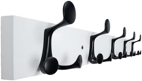 WEBI Coat Rack Wall Mount,30" Solid Wood Coat Hooks Wall Mounted Coat Hanger,16" Hole to Hole,Heavy Duty Hook Rack Rail,5 Triple Hooks for Hanging Coats,Jacket,Clothes,Hat,Backpack,White by WEBI
