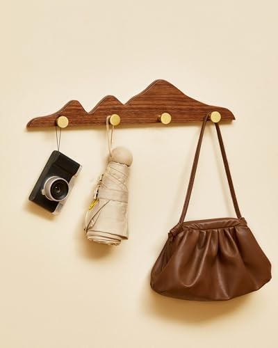 Wood Coat Hooks Wall Mount - Wooden Coat Rack with 4 Gold Brass Hooks for Entryway Bathroom Bedroom, Modern Decorative Wall Hooks Heavy Duty Organizer for Hanging Clothes Hats Bags Robes Towels Purse - Image 2