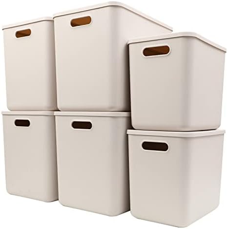Yishyfier Plastic Storage Baskets With Lid Organizing Container Lidded Knit Storage Organizer Bins for Shelves Drawers Desktop Closet Playroom Classroom Office (4XL+2L, Light grey) by Yishyfier