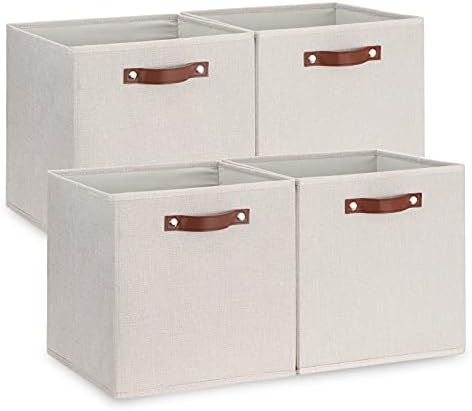 Temary Fabric Storage Cubes Storage Bins with Dual Leather Handles, 4 Pack Cube Baskets 13x13 Foldable Cube Organizers for Shelves, Home, Office, Nursery by TEMARY