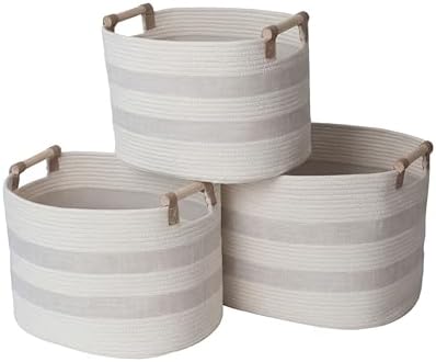RGI Home Storage Baskets for Organizing, Textured Linen and Fabric Rope, Set of 3 Oval Decorative Woven Bins, Multi-Sized with Easy-Carry Premium Wooden Handles, Cream with Ivory Trim by RGIHome