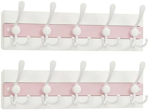 SKOLOO Coastal Wall Mounted Coat Rack-16.88" Beach House Entryway Wooden Coat Hook with 5 Hooks for Hanging Coats, Hats or Towels, Oceanfront Cottage Core Collection, White&Palm Beach Pink, Pack of 2 by SKOLOO