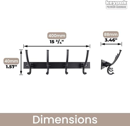 keypak Wall Mounted Coat Rack Black - 4 Hook Modern Industrial Coat Hook - Decorative Metal Hook Hanger for Bathroom, Bedroom, Hallway & Door Storage - Image 2