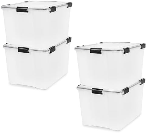 IRIS USA WeatherPro 74 Qt Storage Bins with Lids, 4 Pack, BPA-Free Plastic Gasket Box with Tight Latch and Seal, Stackable Nestable Tote Tub - Clear/Black by IRISUSA