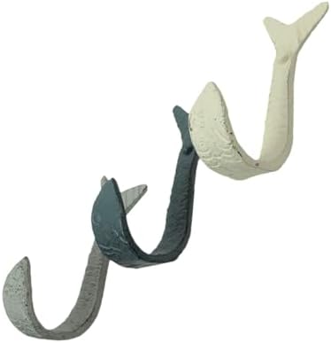 Zeckos Set of 3 Flipping Fish Wall Hooks, 4 Inch Blue Gray White Cast Iron - Image 3