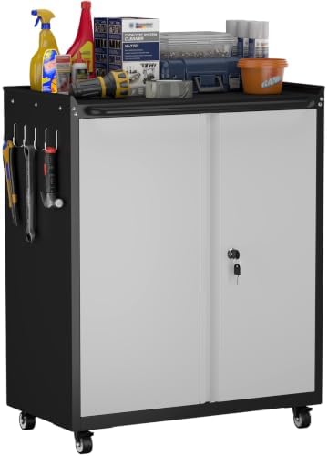 GREATMEET Garage Storage Cabinet with Wheels, Lockable Metal Storage Cabinet, Rolling Tool Cabinet with Adjustable Shelf, Push Handle for Shop, Home, Office, Black/Grey by GREATMEET