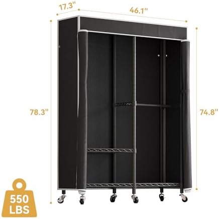Higeego H9 Garment Rack with Cover, Heavy Duty Clothing Rack for Hanging Clothes, Portable Closet with wheels, Wardrobe Closet with Adjustable Shelves, Black Rack Shelf with Black Fabric Cover - Image 5