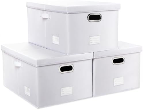 PRANDOM Collapsible Storage Box with Lid [3-Pack] Leather Fabric Foldable Storage Bin Organizer Container Basket Cube with Cover for Home Bedroom Closet Office Nursery White(22.8X15.7X11.8) by Prandom