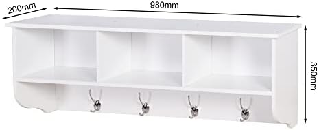 Elegant White Wooden Wall-Mounted Coat Rack with Shelf - Entryway Organizer with 4 Dual Hooks - Modern Storage Display for Home Decor, Plants, Photos - MDF Construction - 39"x8"x14" - Image 3
