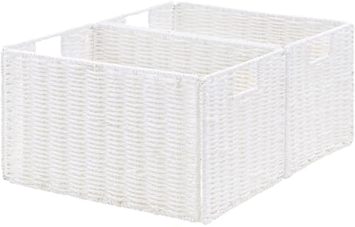 Vagusicc Wicker Storage Basket, Set of 2 Hand-Woven Paper Rope Wicker Basket, Large Storage Baskets for Organizing, Foldable Large Cube Storage Organizer Bins for Shelves (White) by Vagusicc