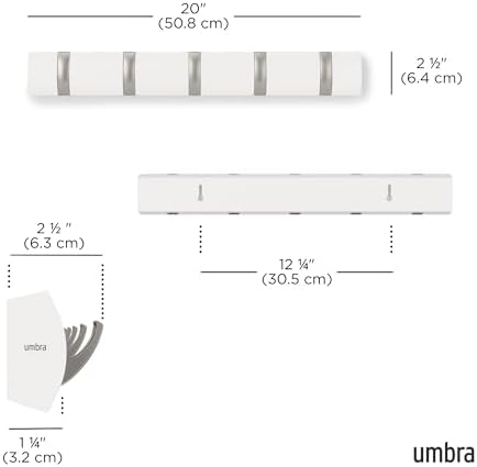 Umbra Flip Coat Rack, Wall Mounted 5-Hook Space Saving, White/Nickel - Image 3