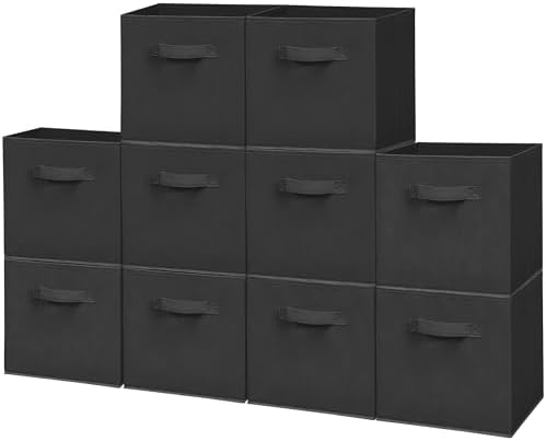 Easi Storage Cubes, 11 Inch Fabric Storage Bins, Set of 10, Foldable Collapsible Cube Organizer with Handles, Closet Shelves Office Nursery Storage, Cubby Storage Bins for Toys Clothes Books, Black by Unknown