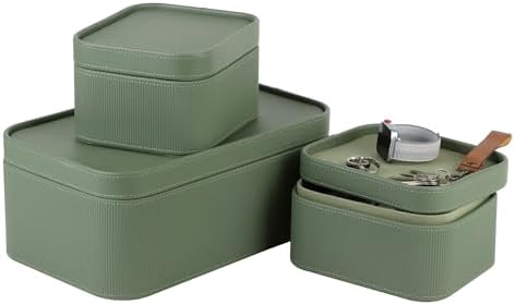 HofferRuffer Faux Leather Decorative Storage Boxes, Dust proof Storage Shelf Baskets with Lids Trays, Storage Bins Memory Box Organizer for Home, Office, Jewelry & More, Set of 3 (Green) by HofferRuffer