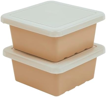 ECR4Kids Stackable Square Bins with Non-Snap Lids, Multipurpose Organization, Sand, 2-Pack by ECR4Kids