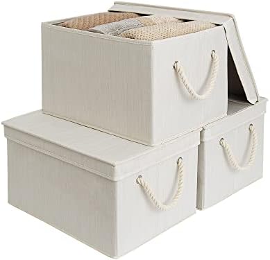 StorageWorks Storage Bins with Lids, Fabric Boxes for Closet, Slub White by StorageWorks