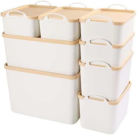 ANMINY White Plastic Storage Bins Baskets with Lids, 8-Pack, 1XL+1L+2M+4S by ANMINY