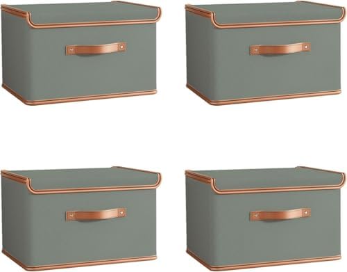 Tuza 4 Pack Storage Bins with Lids, Collapsible Closet Organizer Container, Fabric Organizer Box with Handles, Decorative Storage Boxes with Lids for Organizing Clothes, Blanket, Grey, Extra Large by LOVEWHEREYOULIVE
