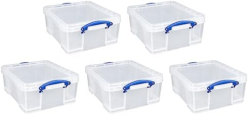 Really Useful Box 5 Pack 17L Plastic Storage Bins with Snap Lids and Clip Lock, Clear by ReallyUsefulBox