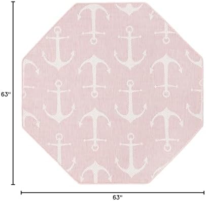 Unique Loom Outdoor Coastal Collection Area Rug - Ahoy (5' 3" Octagon, Pink/ Ivory) - Image 2