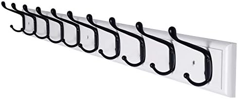 Dseap Coat Rack Wall Mounted: 10-Hooks, 16" Hole to Hole, 38-1/4" Long, Wood Coat Hooks Wall Mounted, Hook Rack, Hook Rail, Hooks for Hanging Coats, White & Black by Dseap