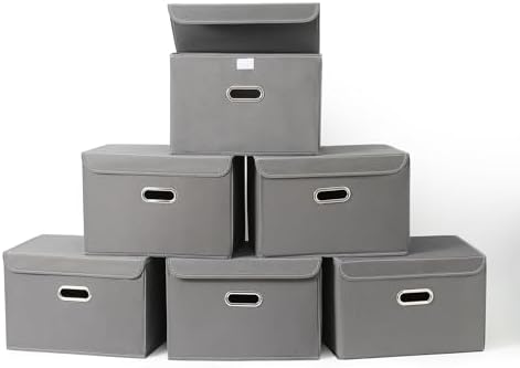 Fabric Foldable Collapsible Storage Cube Bin Organizer Basket with Lid, Handles, Removable Divider for Home, Closet (Grey, 6Pcs) by SEVENDOME