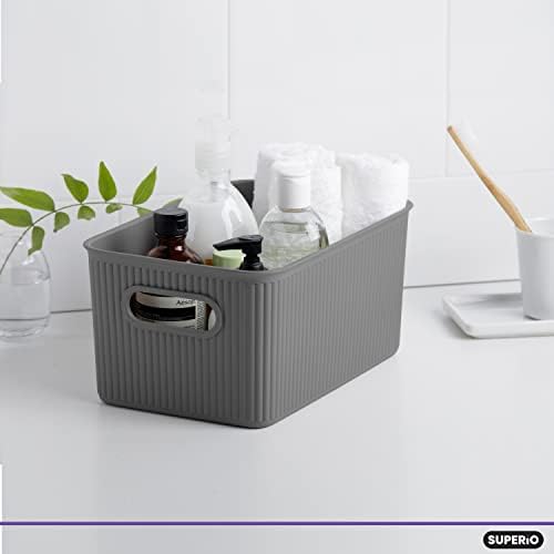 Superio Ribbed Collection - Decorative Plastic Basket Open Home Storage Bins Organizer, Medium Grey (4 Pack) Container Boxes for Organizing Closet Storage Bins for Shelves Drawer Shelf 5 Liter - Image 3