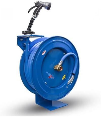 BLUSEAL BSWR5850 Retractable Hose Reel with 5/8" x 50' Hot Water Rubber Hose, 6' Lead-in, 500 PSI, Brass Fittings, Swivel Mount Hose Reel, 9 Pattern Spray Nozzle by BLUBIRD