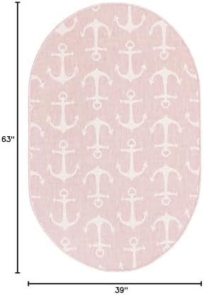 Unique Loom Outdoor Coastal Collection Area Rug - Ahoy (3' 3" x 5' 3" Oval, Pink/ Ivory) - Image 2