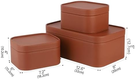 HofferRuffer Faux Leather Decorative Storage Boxes, Dust proof Storage Shelf Baskets with Lids Trays, Storage Bins Memory Box Organizer for Home, Office, Jewelry & More, Set of 3 (Brown) - Image 2