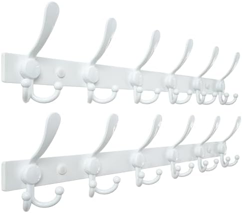 Dseap Coat Rack Wall Mount 24 Inch, Heavy Duty 12-Gauge Base vs Flimsy 1mm, Double-Thick Solid Anti-Snap Hooks, Stainless Steel 6-Hook Hanger for Clothes Hat Closet Entryway, White, Pack of 2 by Dseap