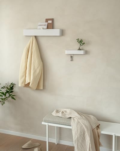 Kazai. Coat Rack Wall Mount with Shelf 'Tone' | Modern Design Coat Hanger with Hidden Hooks and Storage | Hat Rack with Shelf in Metal | Wall-Mounted Purse Organizer | White - Image 4