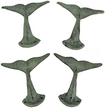 Zeckos Set of 4 Whale Tail Wall Hooks, Green Verdigris Cast Iron by Zeckos