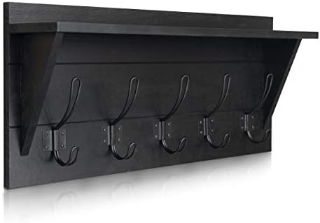 Wall Mounted Coat Rack Shelf, Rustic Wooden Country Style 24" Entryway Shelf with 5 Rustic Hooks featuring Solid Pine Wood. Perfect touch for your Entryway, Mudroom, Kitchen, Bathroom and More, Black by HBCYCreations