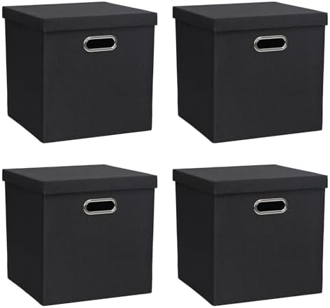 Storage Bins with Lids, Linen Fabric Boxes Organizer Containers with Lid Foldable Storage Box Basket for Closet, Shelves, Home, Office,12 x 12 x 12 Inch, 4 Pack, Black, AG3006-7 by ArcaGuru