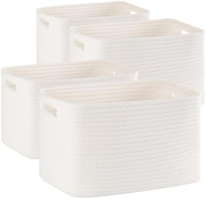 4 Pack Storage Baskets for Organizing Toys, Towels, and Clothes, Woven Basket for Shelves, Sturdy Nursery Cube Bins for Storage, 13''L x9''W x7.8''H, White by SIXDOVE