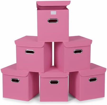 Closet Organizers Fabric Storage Bins With Lids Collapsible Cube Storage Organizer Basket With Handles,Storage Boxes for Clothes Storage,Office,Laundry,Shelves,6 Pack,（Pink） by SEVENDOME