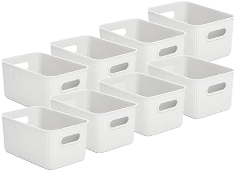 Superio Decorative Plastic Basket Open Home Storage Bins Organizer Baskets, Medium, White (8 Pack) Container Boxes for Organizing Closet Storage Bins for Shelves Drawer Shelf, 5 Liter by Superio