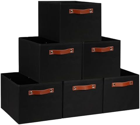 Fabric Storage Bins (15x11x9.5”) – Reinforced 2.5mm Cardboard Shelf Bins with PU Leather Handles – [6-Pack] Durable Storage Baskets for Closet Organization, Toy Organizer, & Home Office – Black by TEMARY