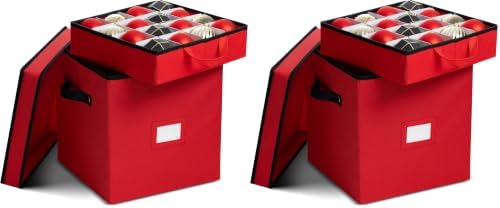 ZOBER Christmas Ornament Storage Box - Stores 64 Ornaments - Non-Woven, Tear- Proof Christmas Ornament Storage Containers - 3 Inch Cube Compartments - Red (Pack of 2) by ZOBER