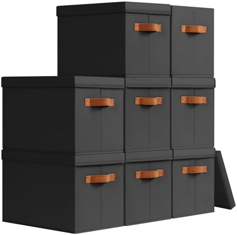 Homsorout Storage Bins with Lids - Fabric Storage Baskets for Shelves, 8 Pack Foldable Decorative Boxes with Handles, Stackable Organizer Bins for Home, Nursery, Dorm, Black by Homsorout