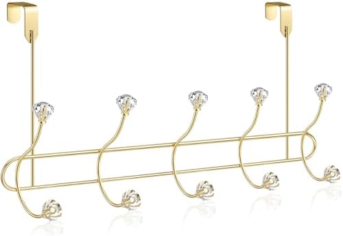 Gold over the Door Towel Hooks with Crystal Knobs, 10 Hook Heavy Duty Doors Hanger Rack for Bathroom, No Drill Slim over Door Organizer for Bedroom Closet, Holds Coat Towels Robes Bags Purse by Otoolling